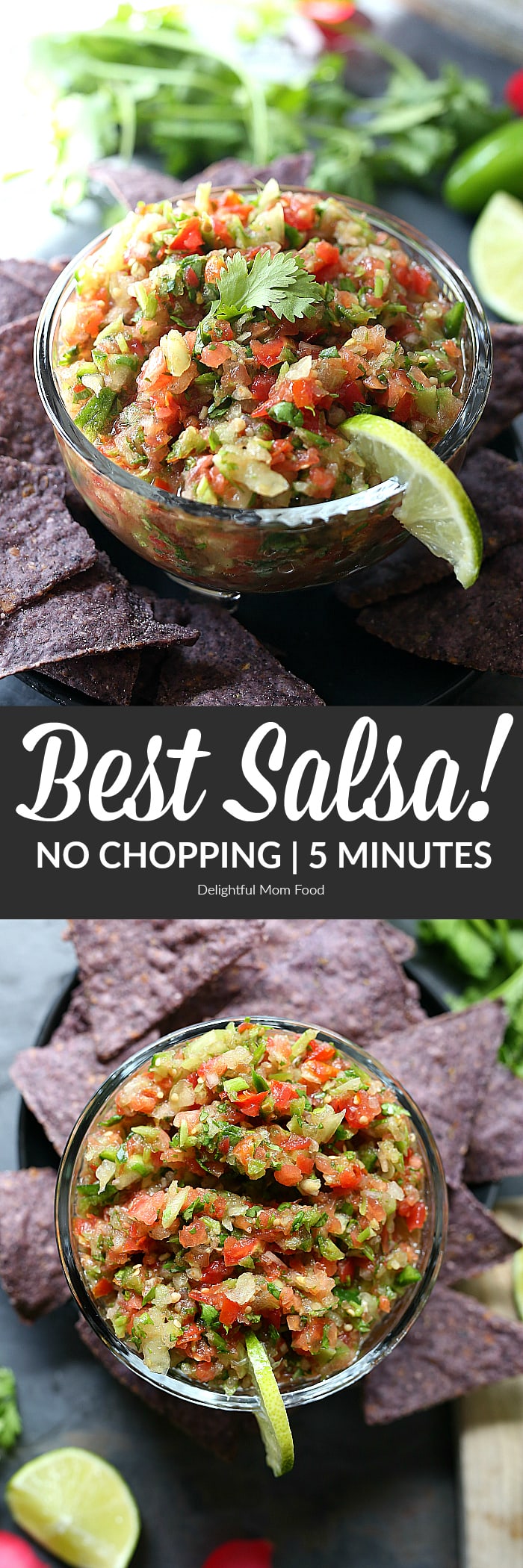 The BEST salsa recipe (no chopping required!) made with fresh tomatillo green tomatoes, red tomatoes, jalapeno pepper and lime juice pulsed into a spicy Mexican cuisine salsa fresca. A quick and easy healthy appetizer or sauce ready in 5 minutes! | #salsa #easy #quick #homemade #tomatillo #tomatoes #recipe #dip #sauce #Mexican #jalapeno #appetizer #snack #dip | Recipe at delightfulmomfood.com