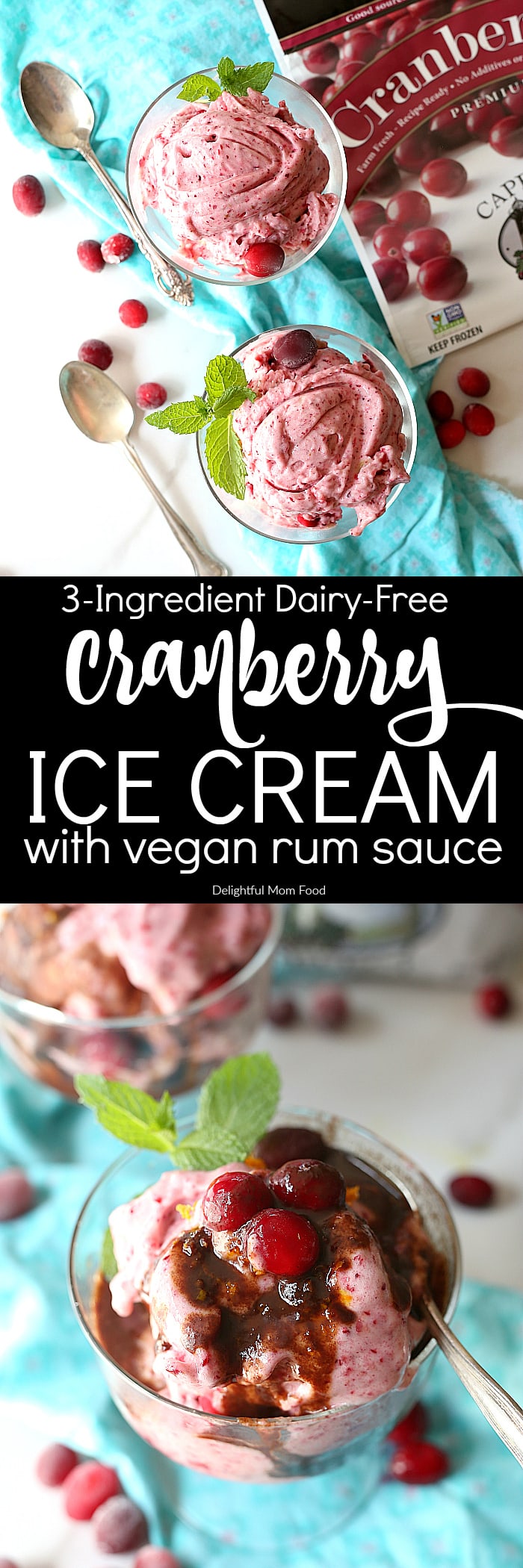 This healthy cranberry ice cream is sure to soothe a sweet tooth craving! The berry’s bittersweet taste mixed with sweet frozen bananas and topped with (vegan) butter rum chocolate sauce is a healthier way to enjoy a frozen treat! #icecream #frozen #dessert #treats #fruit #cranberry #recipe #banana #capecodselect #frozencranberries #cranberriesforallseasons | Recipe at delightfulmomfood.com