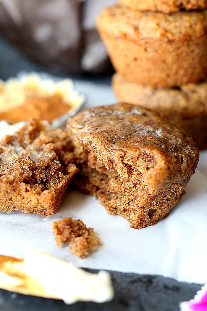 Soft and delicious chai muffins made with gluten-free flours and flax meal for the ultimate fluffy healthy spiced muffin recipe!