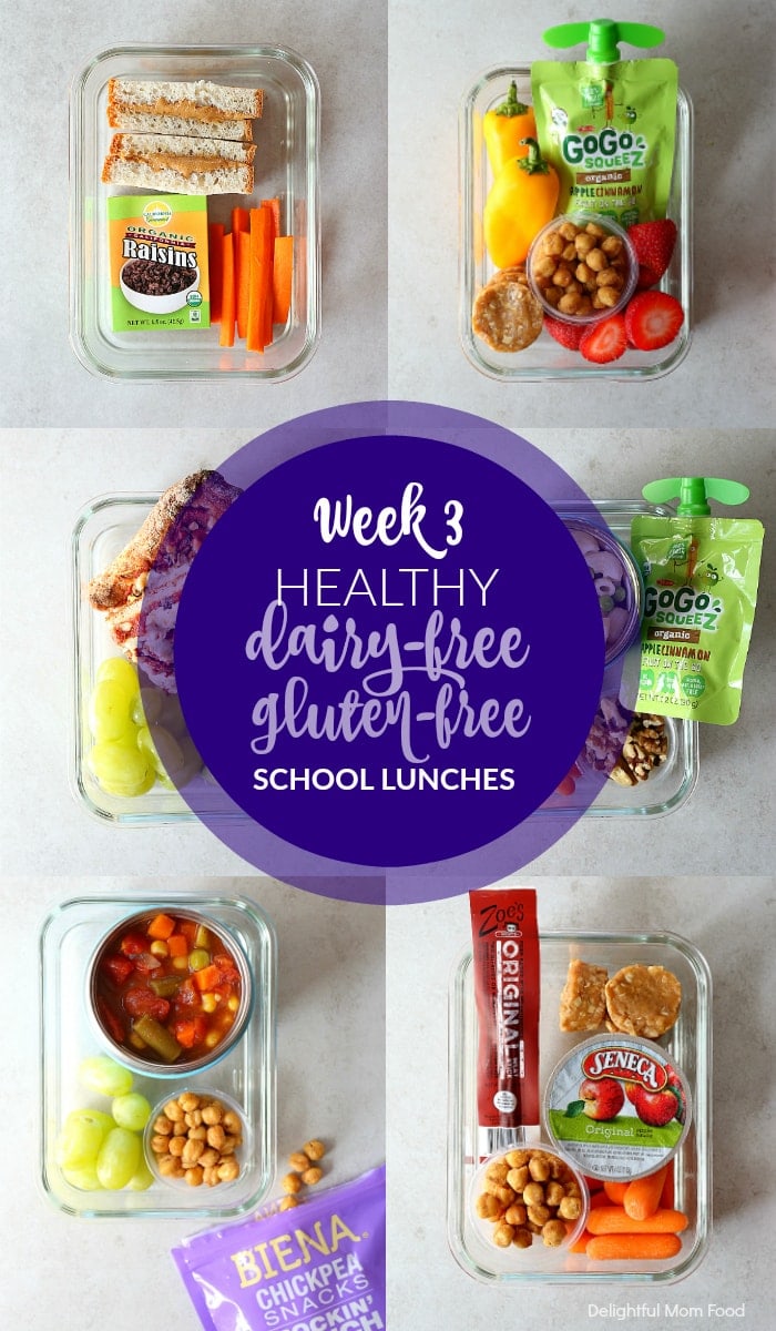 Healthy dairy free and gluten free school lunches. Each meal includes fruits, vegetables, carbohydrate, and protein with a shopping list for the week to make healthy lunches easier! | #healthy #glutenfree #dairyfree #school #lunches #lunch #ideas #kids #lunchbox | Delightfulmomfood.com