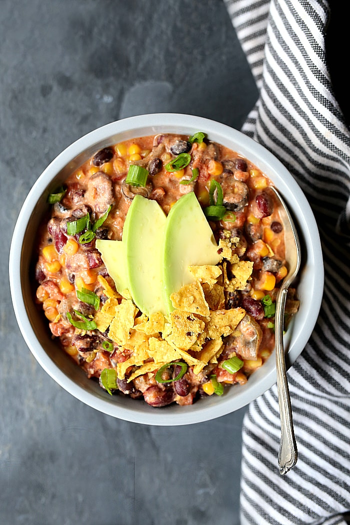 Creamy Taco Soup ... Creamy vegetarian taco soup to warm you up during the cooler months with tons of Mexican flavors! #soup #chili #crockpot #vegetarian #taco #Mexican #glutenfree #creamy #healthy #slowcooker #easy | Recipe at delightfulmomfood.com