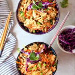 Thai peanut sauce tossed with ground turkey and cabbage makes this meal low carb and deliciously flavorful! Ready in 20 minutes! #thai #peanut #sauce #groundturkey #cabbage #bowls #lowcarb #healthy #glutenfree #recipe #onepan #easy #quick | Recipe at delightfulmomfood.com