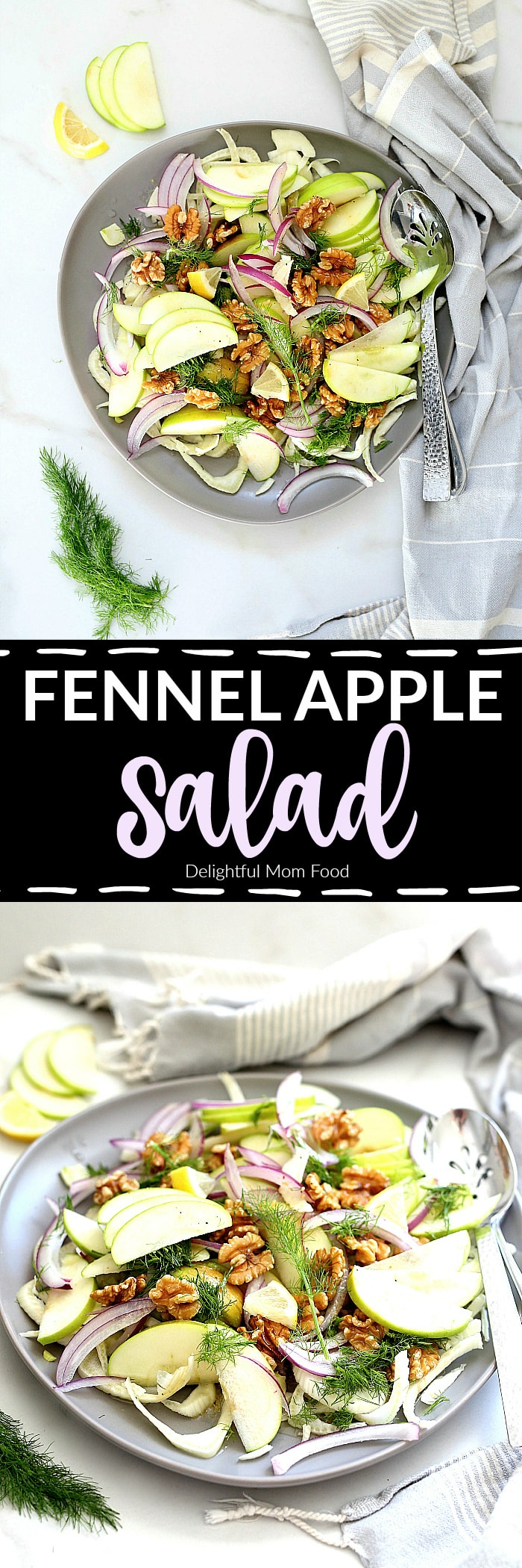 A light and simple fennel apple salad that everyone will love! This refreshing winter salad is drizzled with a light vinaigrette dressing that ramps up the flavors of fennel and apple – 10 minutes and a total crowd pleaser! #apple #fennel #salad #winter #glutenfree #healthy #easy #quick #winter #vegetarian #vegan #dairyfree #dressing | Recipe at delightfulmomfood.com