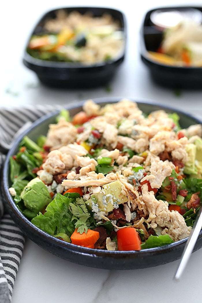 Looking for easy meals for dinner the whole family will enjoy? Conquer meal time with these chicken meal prep ideas using similar ingredients! Pulled chicken breast cobb salad, chicken wrap and chicken quinoa bowls are easy, wholesome and gluten free! #chicken #meal #prep #ideas #recipe #glutenfree #wholesome @tysonsbrand #ad | Recipe at delightfulmomfood.com