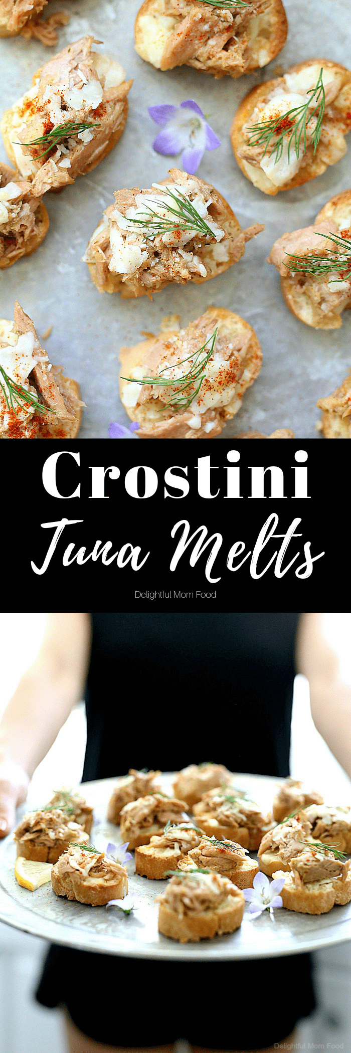 These gluten-free crostini tuna melt appetizers make the perfect finger food appetizer for any holiday party! Made with only 3 main ingredients so when you need a quick appetizer dish to win the crowd over – this one is it! #tunamelt #appetizers #glutenfree #healthy #recipe #crostini #holiday #partyfood #fingerfood | Recipe at Delightful Mom Food