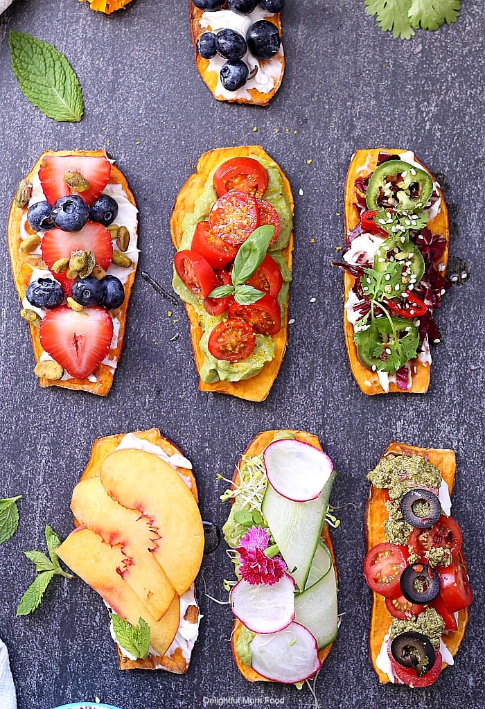 Win over family and friends with these six delicious sweet potato toast recipes! Sweet potato toasts are simple to make, great for paleo, vegan and gluten-free diets and they are packed with healthy nutrients! #sweetpotato #recipe #toast #sweetpotatotoast #vegan #glutenfree #healthy #easy #quick #sweetpotatoavocadotoast | Recipes at Delightful Mom Food