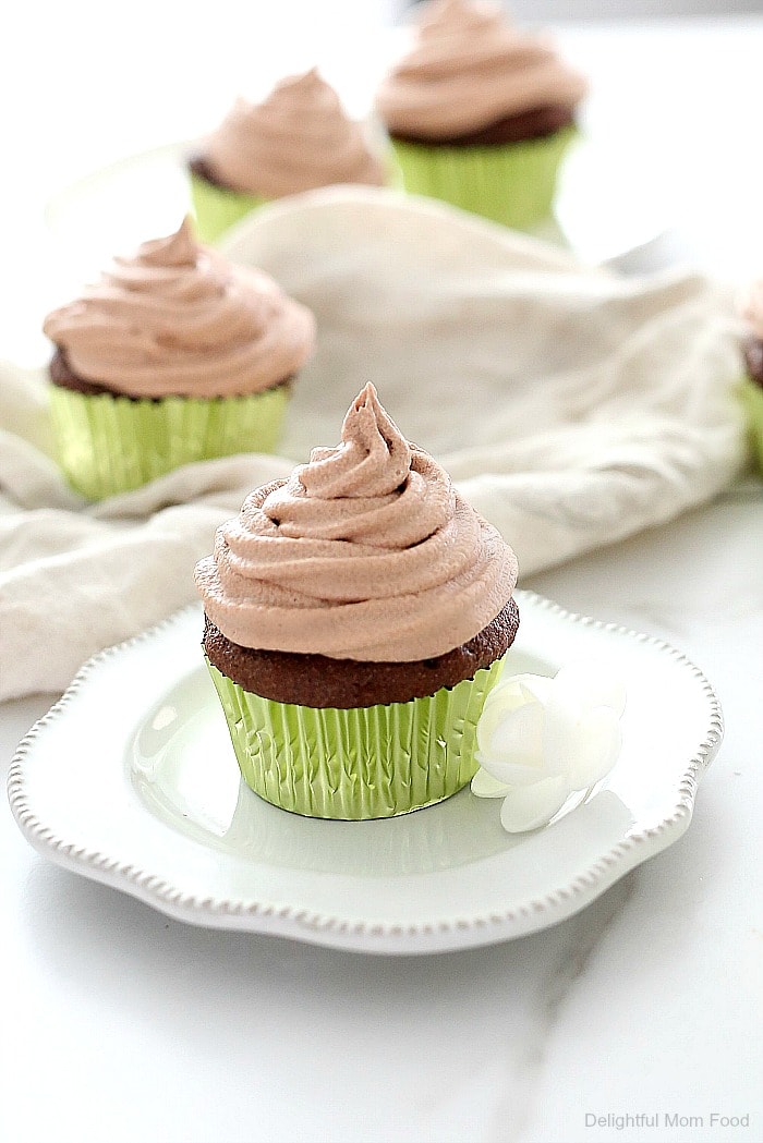 Gluten free chocolate cupcakes that are spongy and moist with creamy dairy free chocolate icing! These easy gluten free and dairy free chocolate cupcakes are a must for all celebrations and are great for anyone with dairy and wheat allergies. #glutenfree #dairyfree #chocolatecupcakes #chocolate #dessert #cupcakes #recipe #baking #sweets | Delightful Mom Food