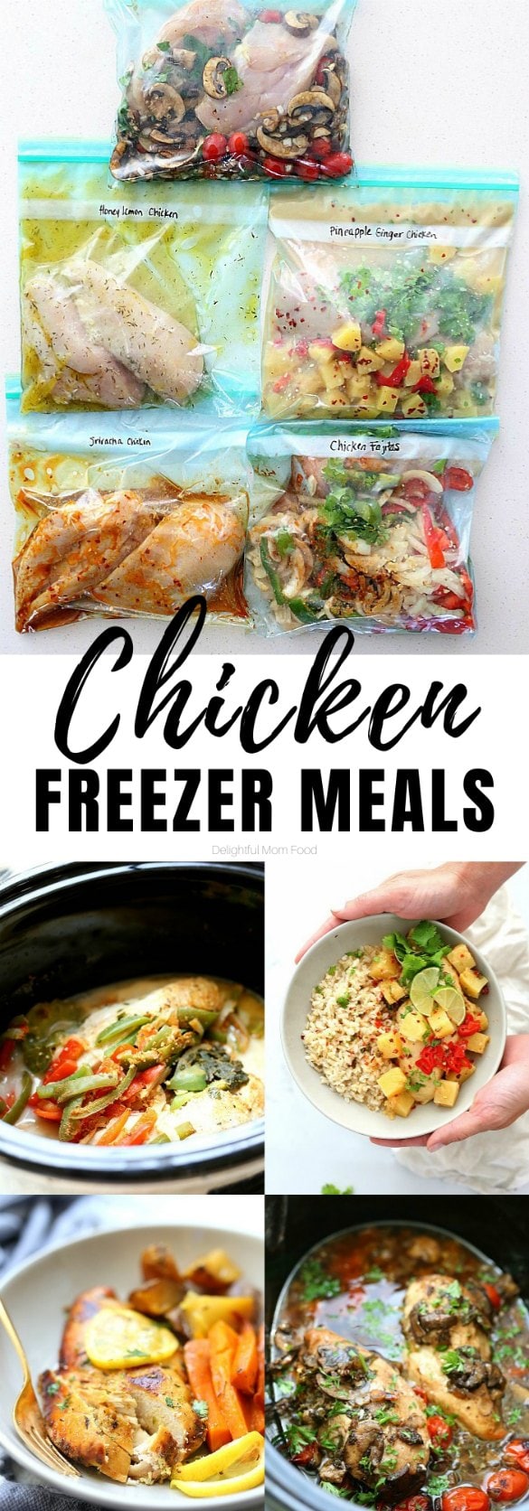 Five tasty chicken freezer meals you can make ahead! These healthy chicken meal prep ideas make busy weeknights a breeze, help you eat healthy and reduce the amount of dishes that need cleaning! #freezermeals #dinner #mealprep #chicken #glutenfree #easy #slowcookermeals | Recipes at Delightful Mom Food