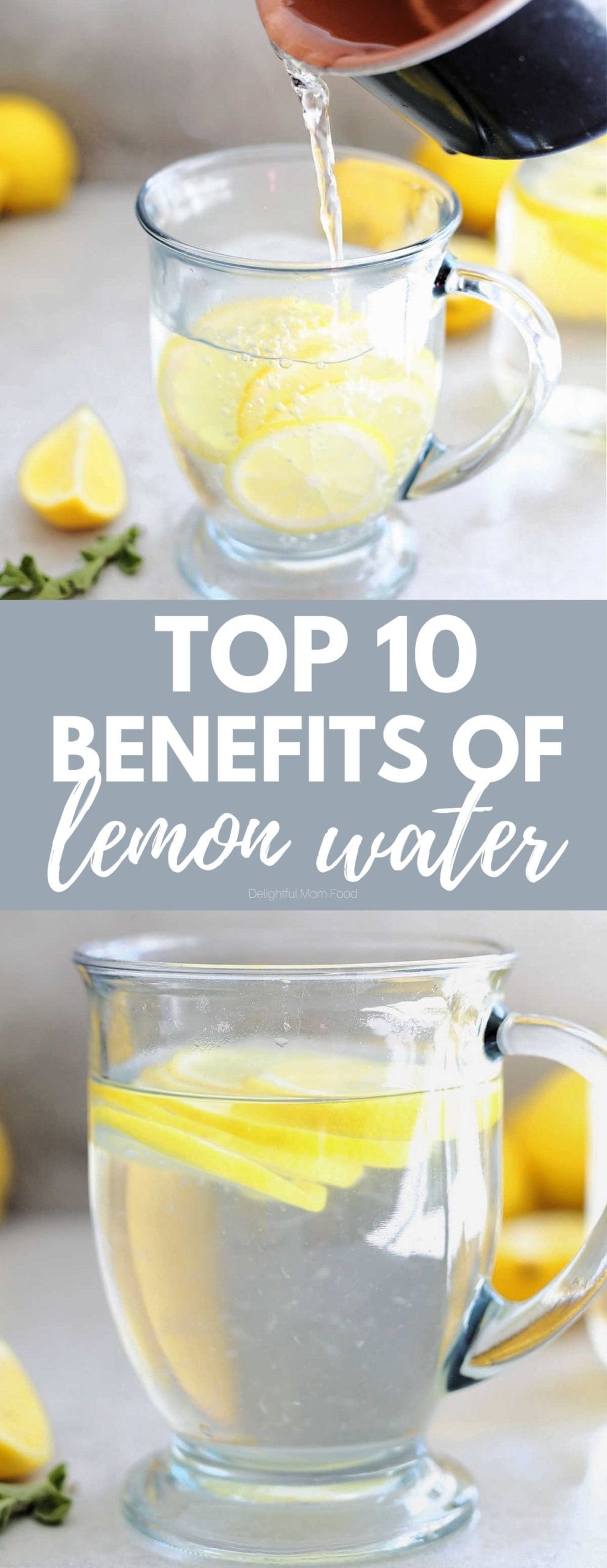Hot lemon water in a mug beside fresh lemons on a light counter.