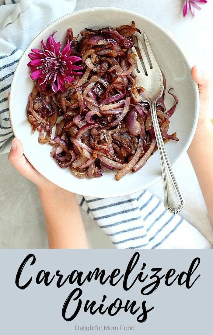 When you need a quick side on the table to revamp any dish, caramelized onions are just the ticket! Caramelizing onions decreases sharp aromas of an onion while adding depth and flavor. It is an essential ingredient that brings out character in most savory dishes! #caramelizedonions #onions #recipe #easy #healthy #glutenfree #sauteedonions #sides #vegan #vegetarian | Recipe at Delightful Mom Food