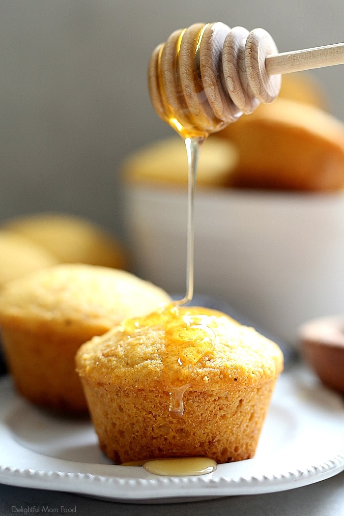 Gluten-Free corn bread muffins sweetened slightly with honey and a hint of molasses. These easy cornbread muffins are delicious, a tad sweet and heartwarming all around! #glutenfree #muffin #cornbread #dairyfree #healthy | Recipe at Delightful Mom Food