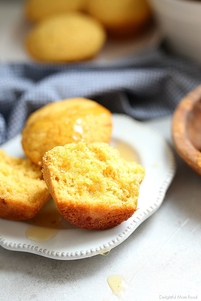 Gluten-Free corn bread muffins sweetened slightly with honey and a hint of molasses. These easy cornbread muffins are delicious, a tad sweet and heartwarming all around! #glutenfree #muffin #cornbread #dairyfree #healthy | Recipe at Delightful Mom Food