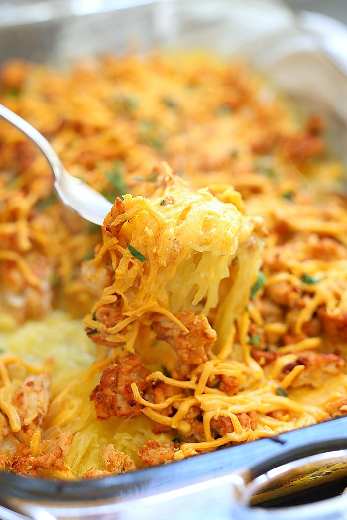 Easy ground turkey casserole that is made with spaghetti squash, sautéed onion and is oozing with melted cheese! This healthy turkey casserole is creamy, chunky, delicious, packed full of protein, and a cherished ONE meal for the entire family (with a dairy-free option)! That makes for one happy mamma! #groundturkey #spaghettisquash #casserole #glutenfree #paleo #realfood #recipe #dinner #main #easy #quick #kidfriendly #delightfulmomfood | Recipe at Delightful Mom Food