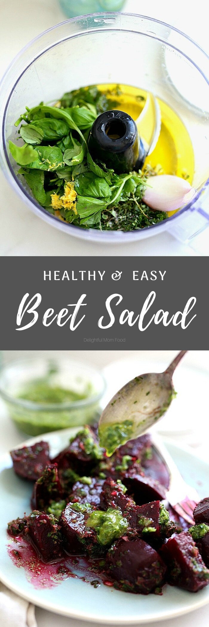 Easy Roasted Beet Salad with Zesty Herb Vinaigrette Dressing is a delectable salad served with a thyme, parsley and basil vinaigrette dressing. This simple salad is all about just beets roasted as a side salad yet can also be served over fresh arugula leaves and goat cheese to transform into a main dish. #roastedbeets #beetsalad #salad #sidedishes #healthy #glutenfree #vegan #recipe #herbdressing #dressingforbeets #beetrecipes | Recipe at Delightful Mom Food