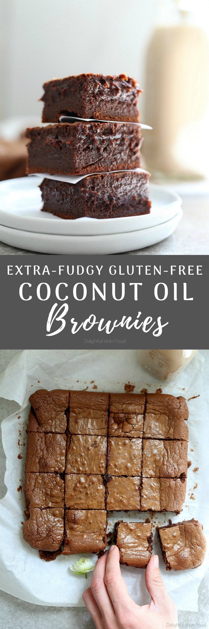Extra fudgy coconut oil brownies! This is by far the BEST gluten-free brownie recipe with a rich chocolate center that melts in your mouth! These easy brownies take little time to whip up and are a crowd-pleaser every time! #coconutoilbrownies #dessert #treats #sweets #brownie #recipe #easy #quick #glutenfreebrownierecipe #dairyfreedessert #delightfulmomfood | Recipe at Delightful Mom Food