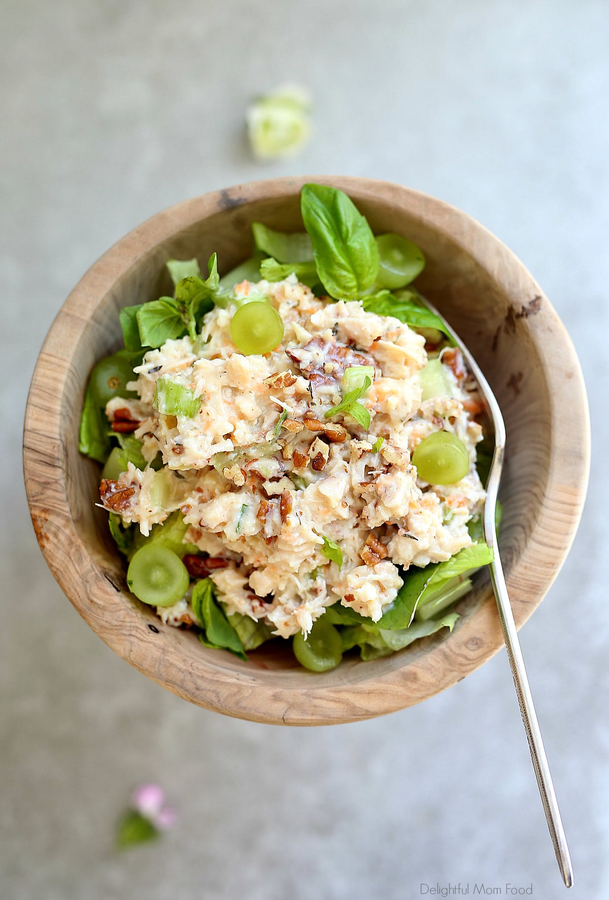 This crunchy and delectable yogurt pecan chicken salad takes less than 10 minutes to assemble, is keto, wholesome with vegetables added, and mouthwatering good! Top this satisfying meal over fresh greens or turned it into a chicken salad wrap with butter lettuce or tortillas. #pecanchickensalad #chickensaladrecipe #healthychickensalad #chicken #pecans #easy #lunch #glutenfree #keto #salad #delightfulmomfood | Recipe at Delightful Mom Food