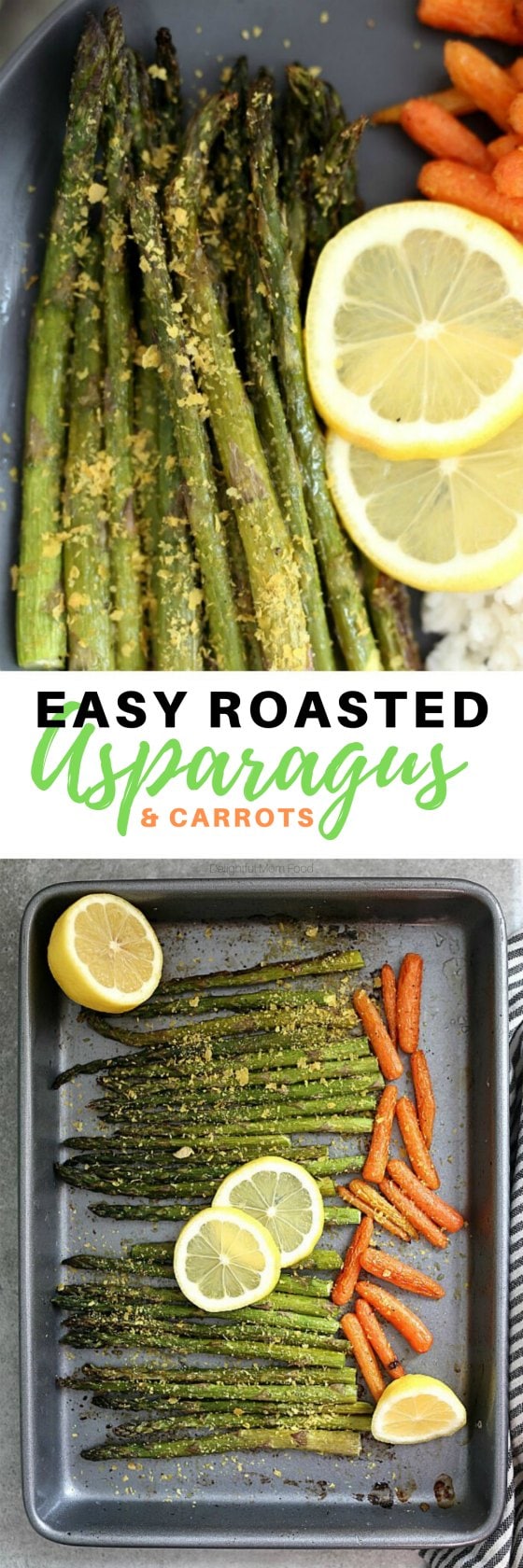 Use seasonal spring asparagus for this easy roasted asparagus and carrots recipe! It makes an excellent side dish in as little as 20 minutes - hands-free! #roastedvegetables #roastedasparagusandcarrots #asparagus #carrots #recipe #glutenfree #healthy #sidedish #easysidedish #vegan | Recipe at Delightful Mom Food