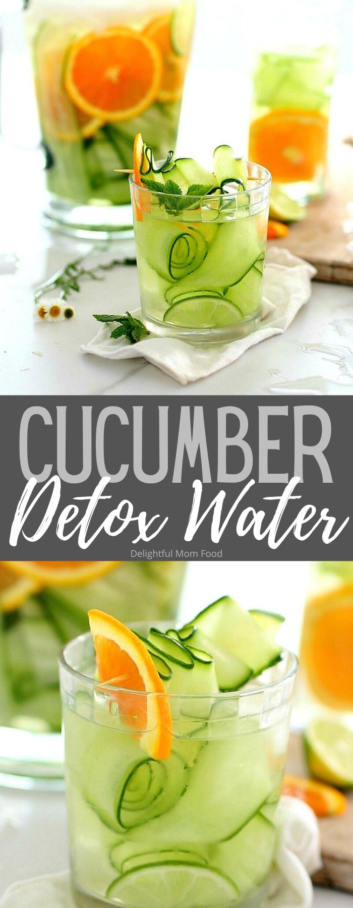 Enjoy this refreshing cucumber water recipe infused with fresh orange slices, mint and lime to increase hydration, absorption of immunity boosting vitamin C, and to achieve a vibrant complexion! It is easy to make and sip all day! #detox #water #recipe #cucumberwater #cucumberlimewater #orangecucumberwater #watercleanse #waterflush #cucumber #beverage #drink | Recipe at Delightful Mom Food