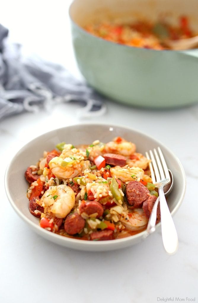jambalaya recipe in a bowl with a fork