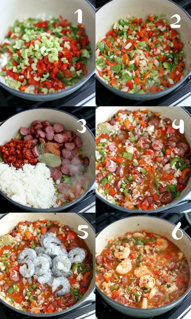 step by step instructions to make a healthy version of jambalaya with vegetables rice shrimp and sausage