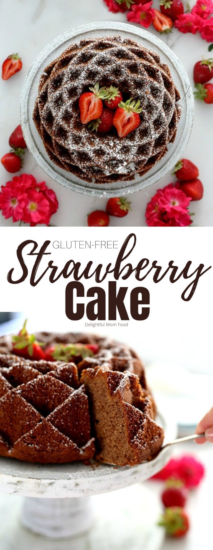 Gluten free strawberry cake made from scratch! This strawberry cake is made with blended fresh strawberries, coconut sugar, and gluten-free flours. Enjoy this tasty dessert for every celebration when strawberries are a must to use up! #glutenfreestrawberrycake #recipe #glutenfree #dairyfree #cakerecipe #strawberrycake #strawberries #strawberry #cake #wholesome #natural #redwhiteblue #redrecipes #dessert #treats #healthy | Recipe at Delightful Mom Food