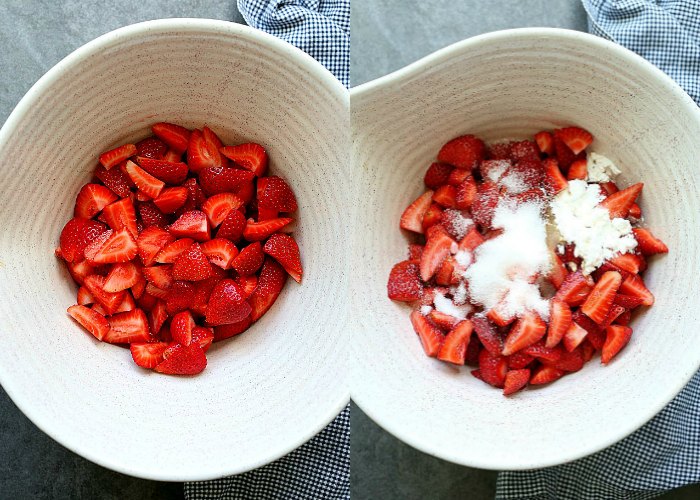 strawberries cut up in bowl