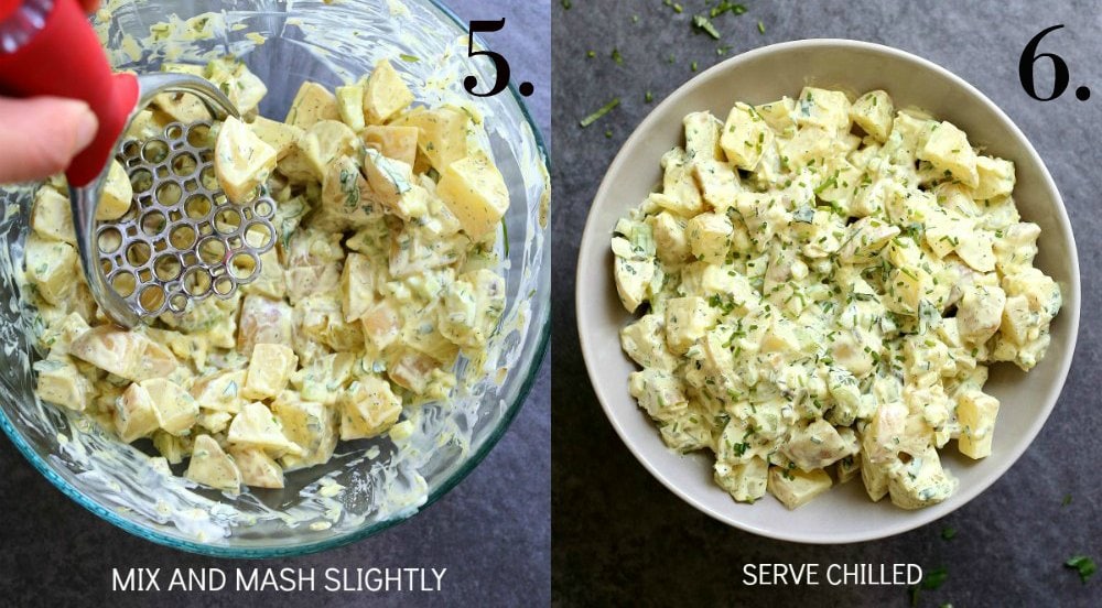 mashing and serving potato salad chilled in a bowl