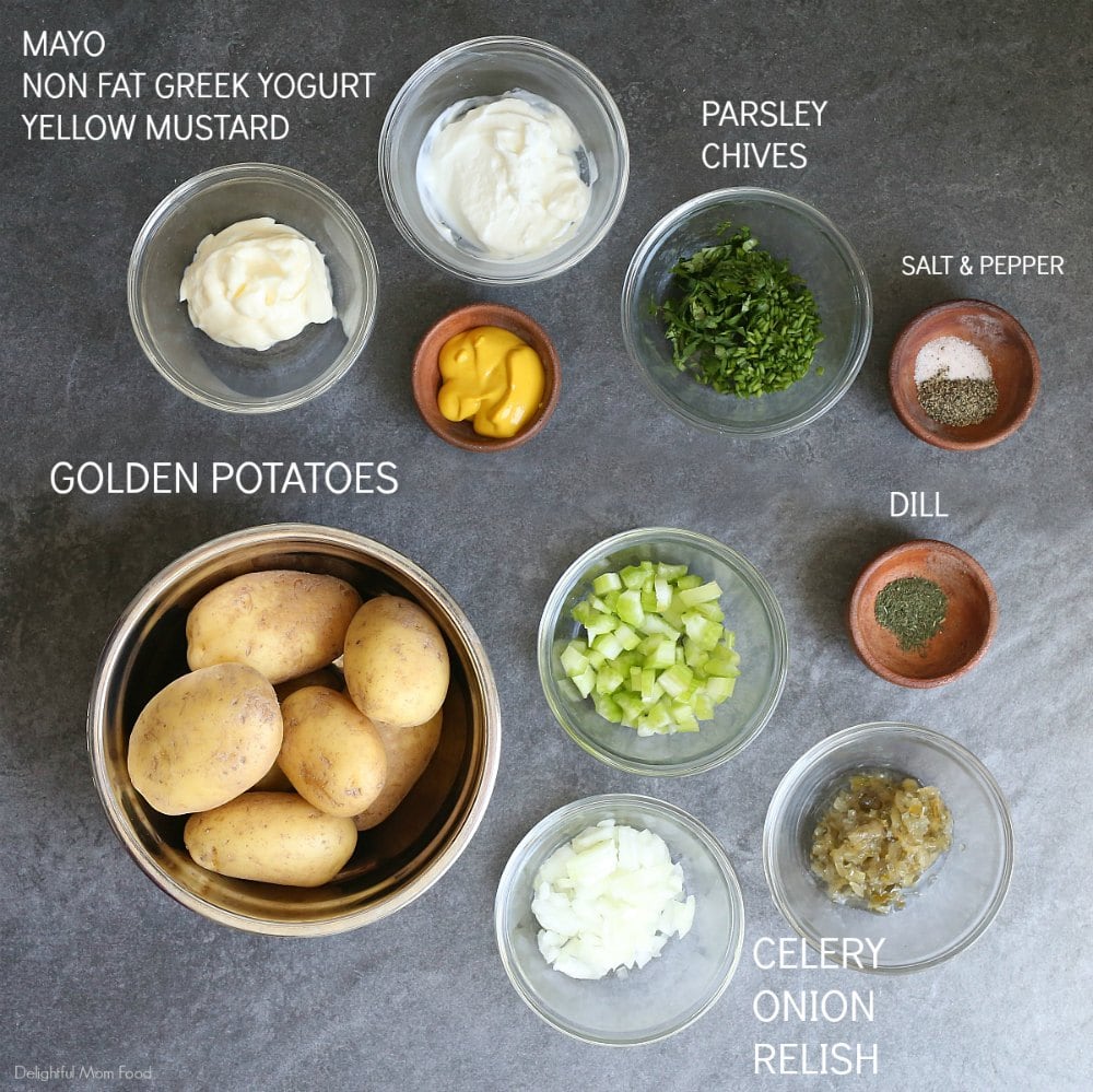 overhead image of potato salad ingredients
