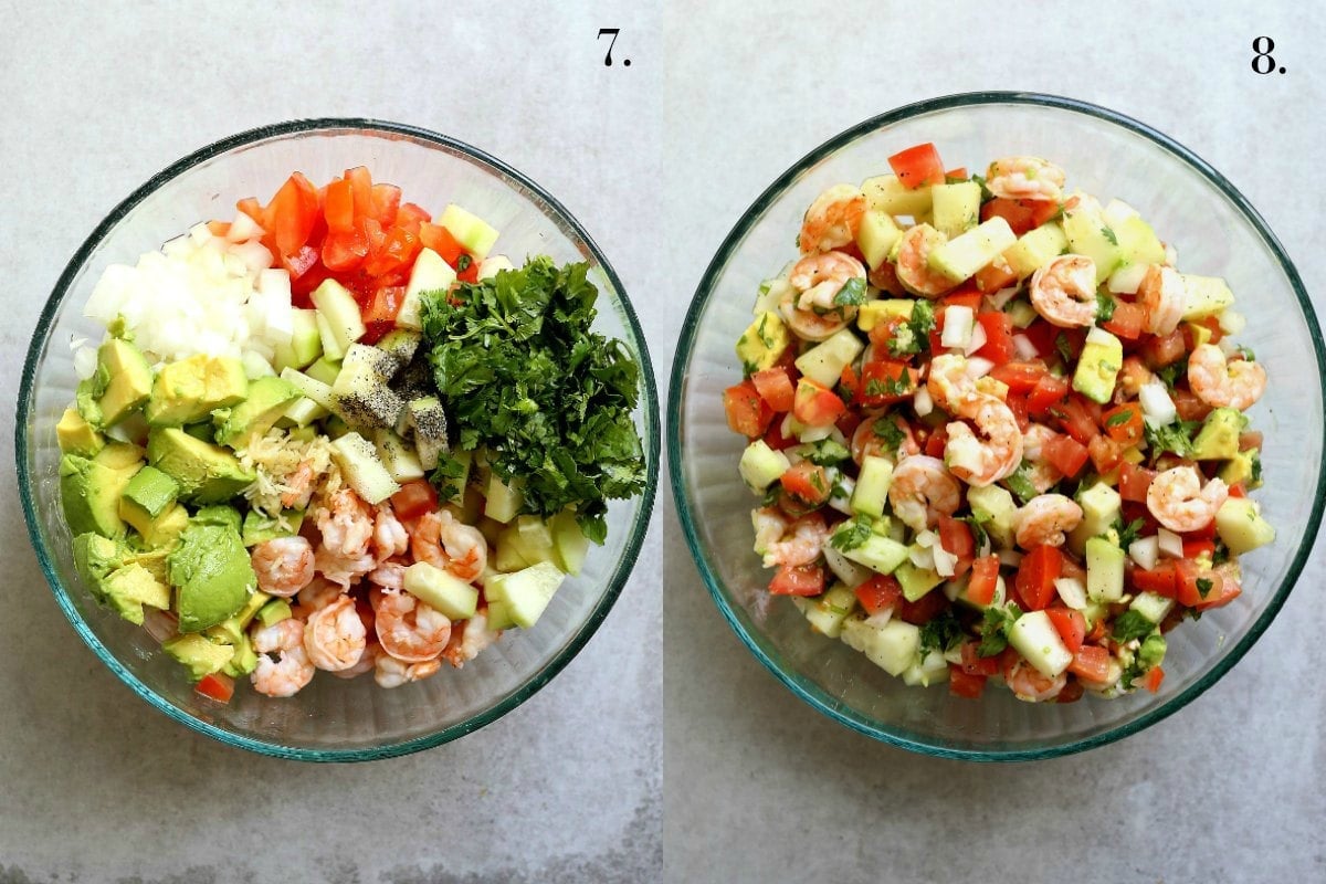 Step 7 and 8: shrimp ceviche ingredients in a bowl before and after mixing.