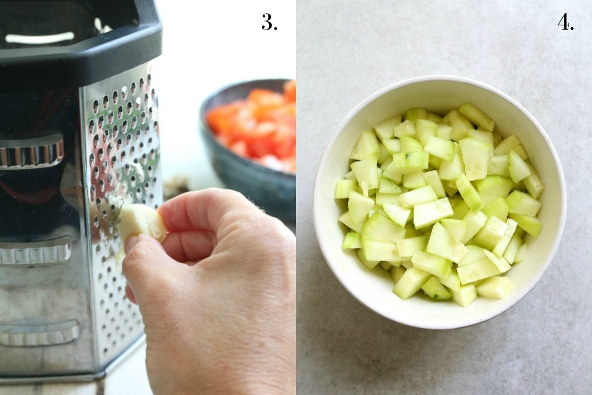 Step 3 and 4: grating garlic and a bowl of diced cucumber.