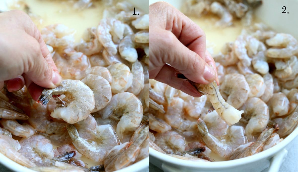 Step 1 and 2: peeling the shell and removing the vein from shrimp.