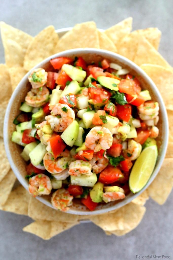 shrimp ceviche served in a bowl with chips