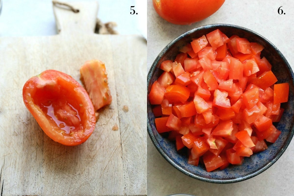 Step 5 and 6: a seeded Roma tomato half and a bowl of diced tomatoes.