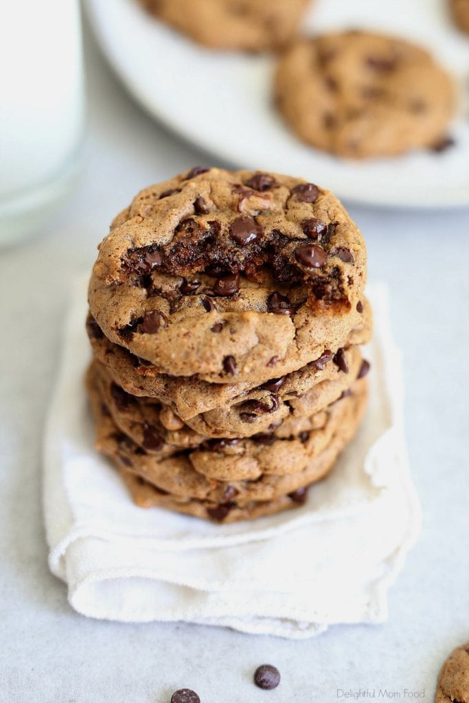 perfect warm stack of grain free cookies with warm chocolate chips