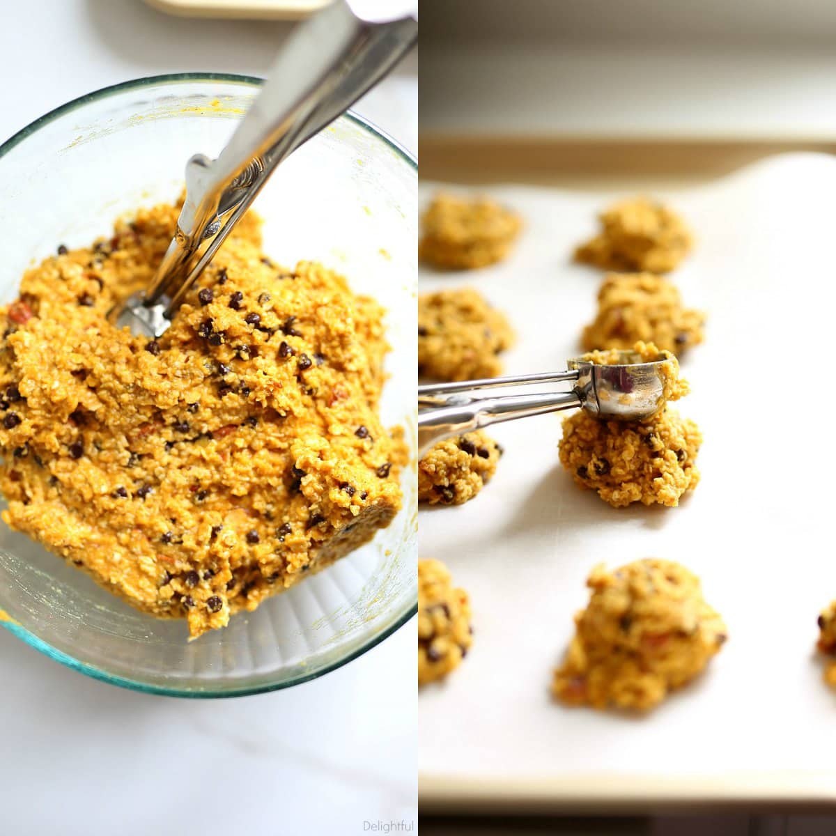 batter and scooping breakfast cookies on a baking sheet