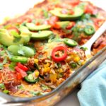 low carb baked keto enchiladas casserole made with chicken and zucchini