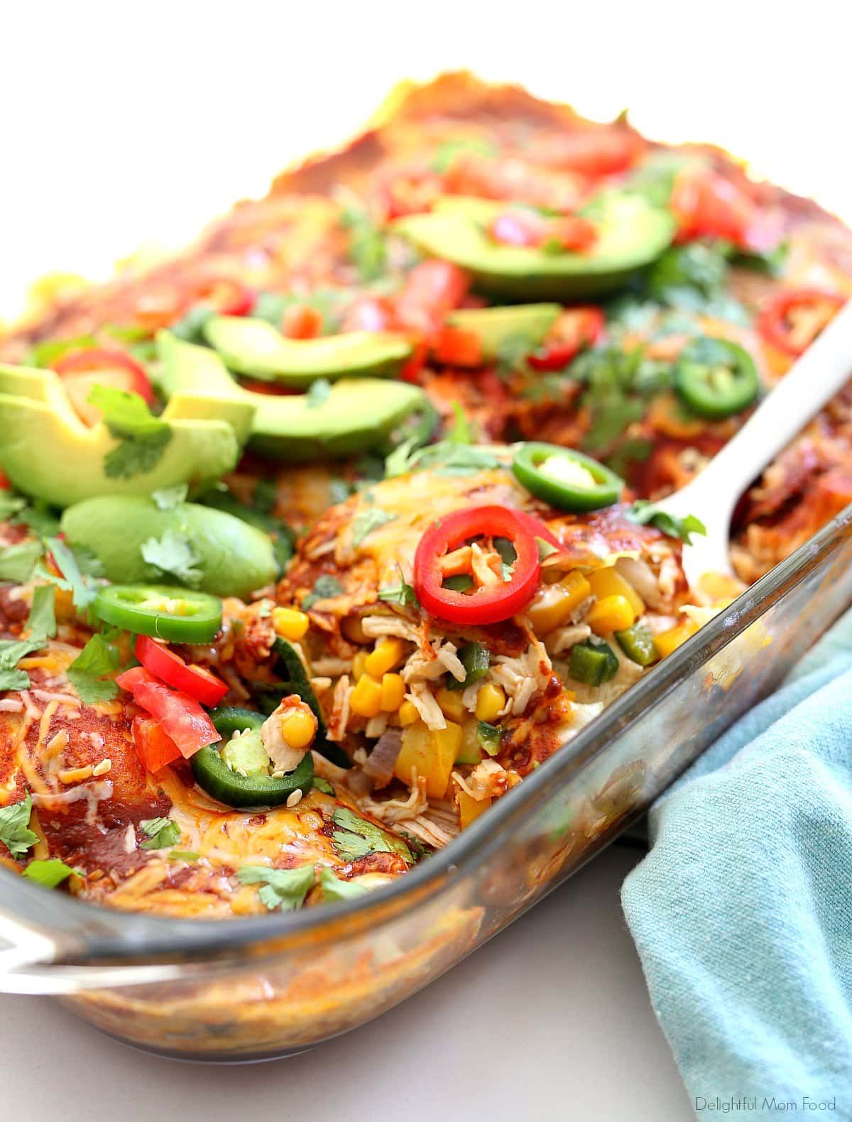 low carb baked keto enchiladas casserole made with chicken and zucchini