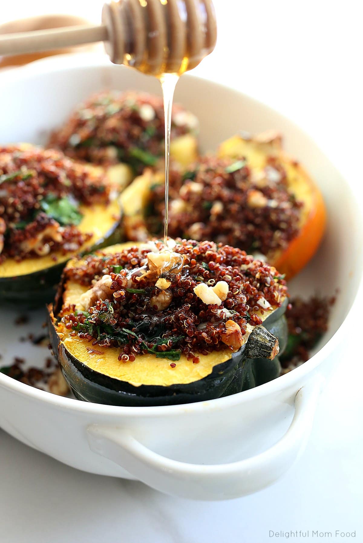 stuffed squash with quinoa and honey drizzle