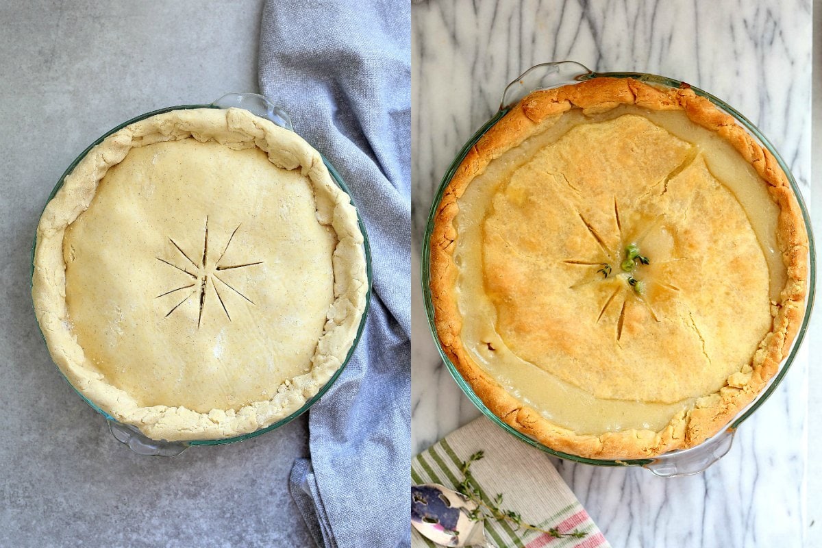 Crimp gluten-free pie crust and cut slices in center and crimp the edges then bake.