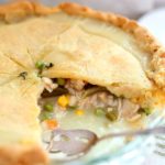 whole chicken pot pie showing the filling