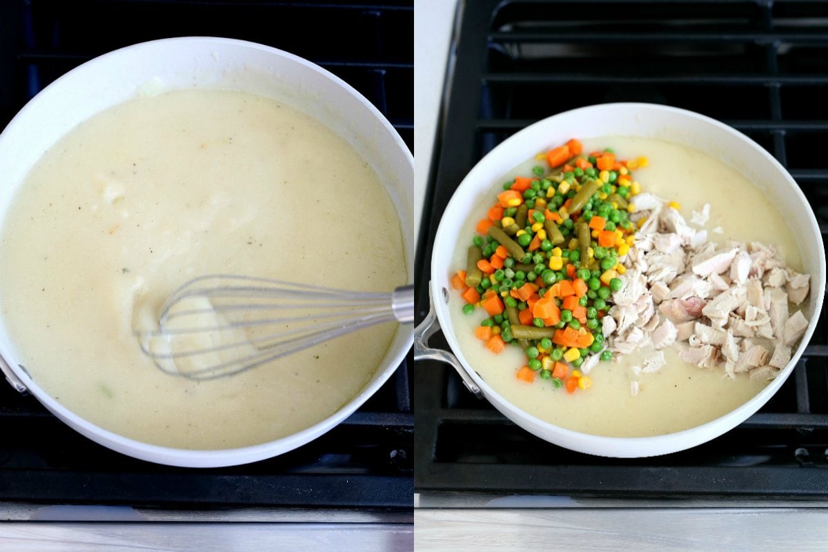 Whisking pie filling to thicken and add vegetables and chicken breast.