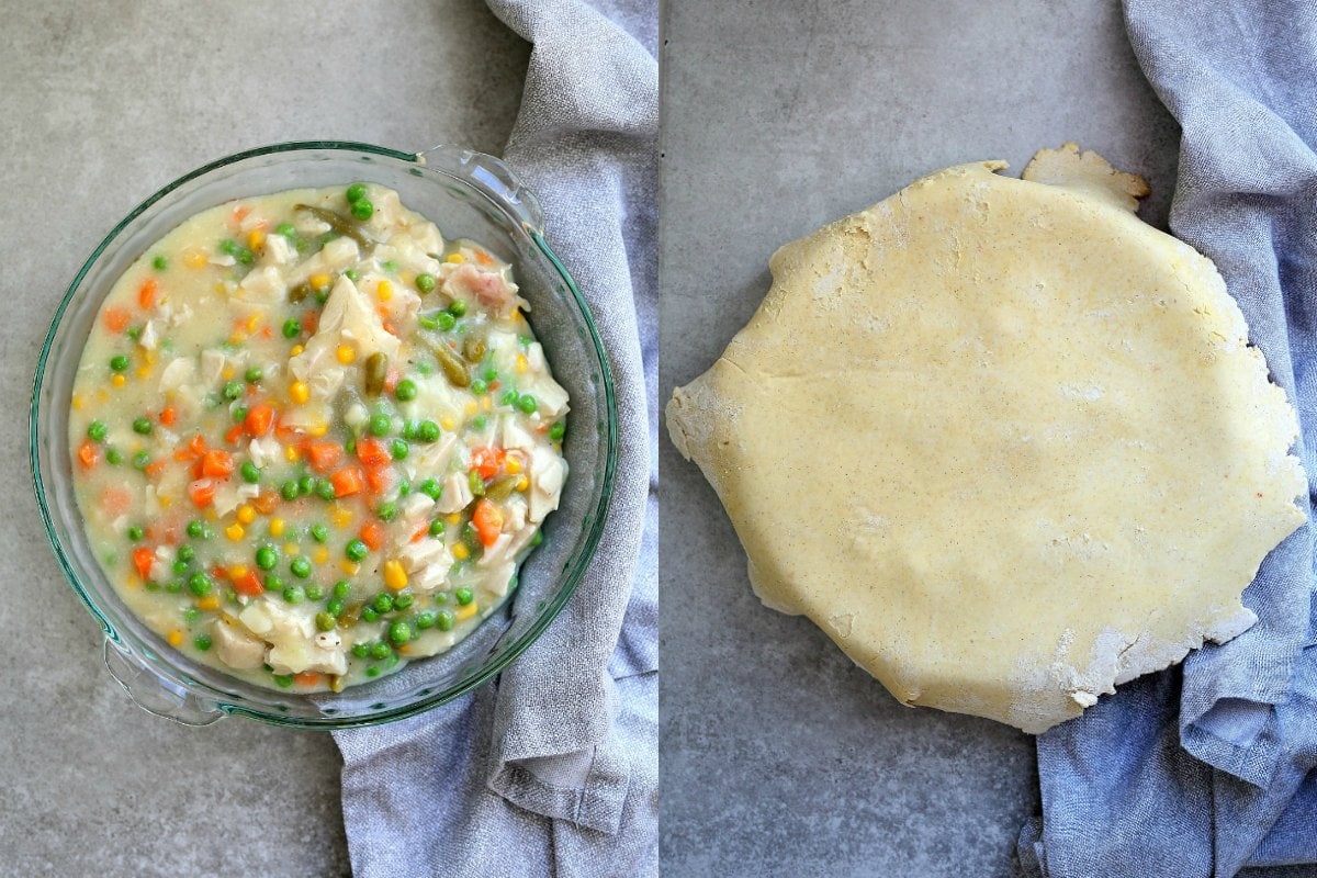 Gluten-free chicken pot pie filling in a pie dish with pastry dough on top.
