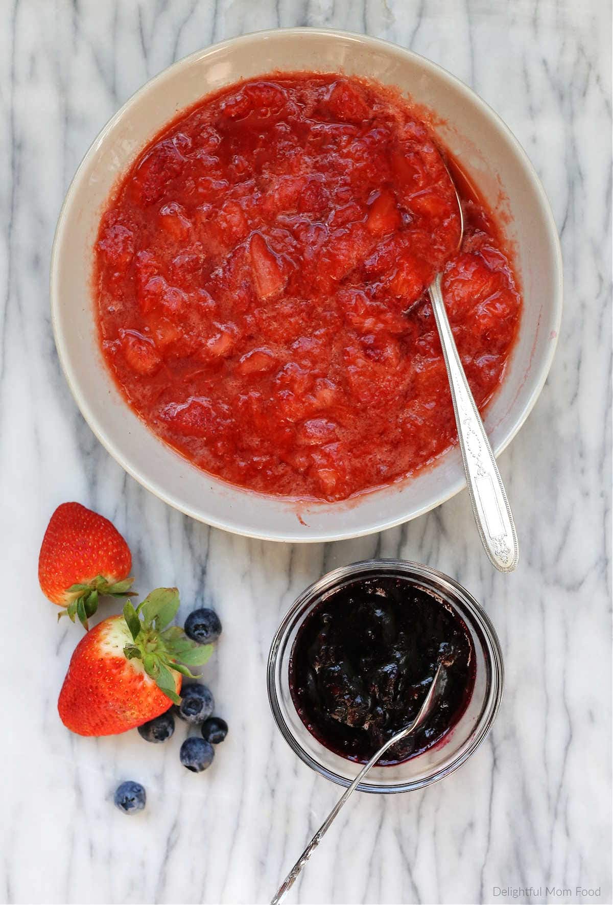 easy fruit sauce made with citrus, maple syrup, blueberries or strawberries that is simmered into a compote
