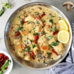 Creamy Tuscan scallops in a dairy-free cream sauce.