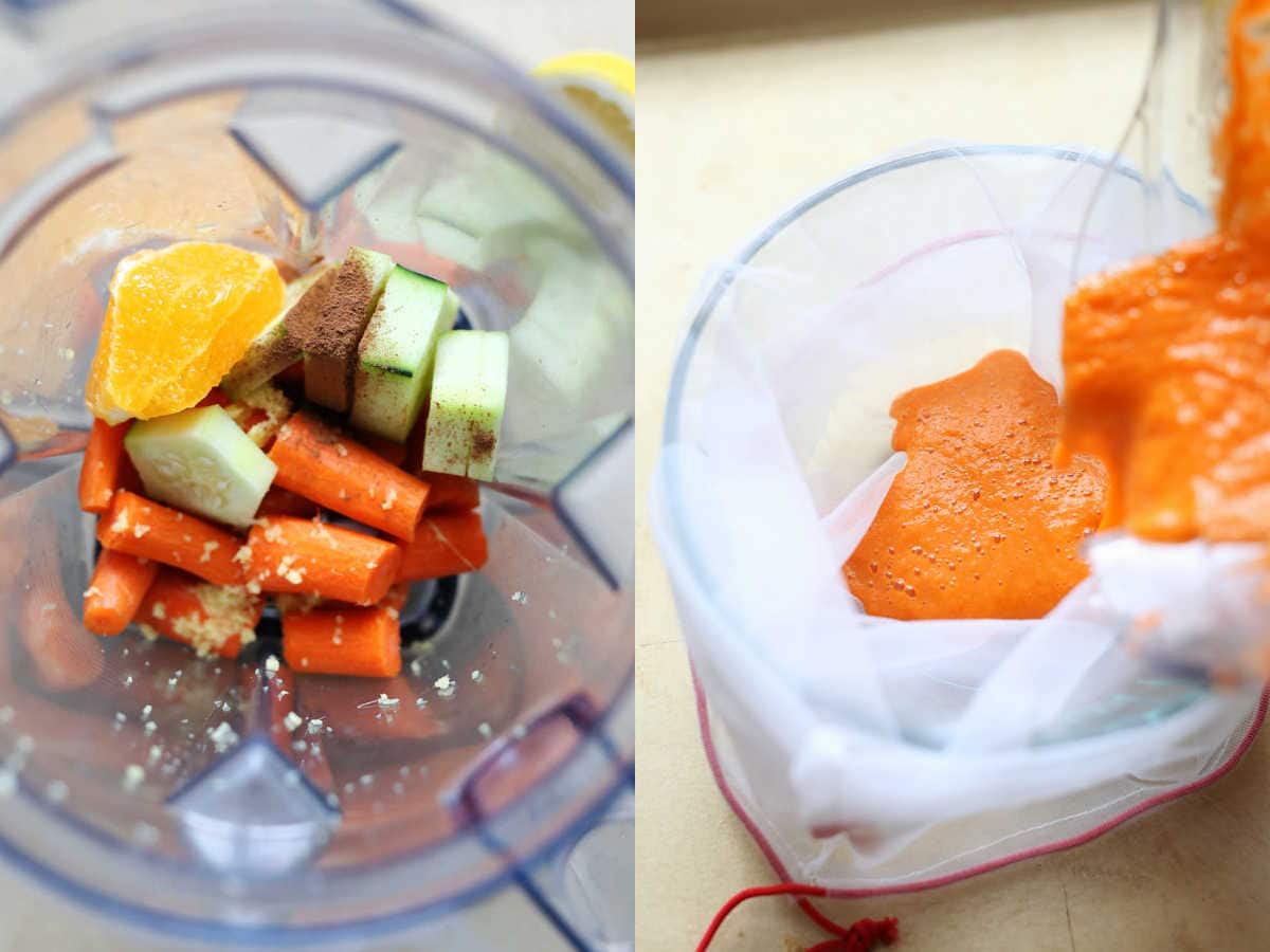 How to make carrot juice in a blender then strained with a mesh bag.