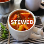 sweet potato stew in a white mug