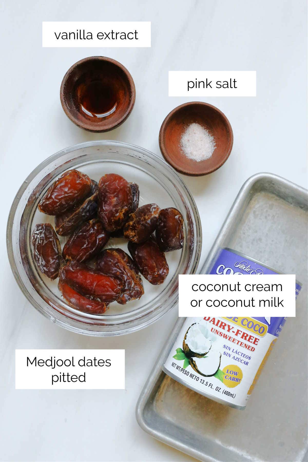 medjool dates canned coconut cream vanilla extract and salt in bowls