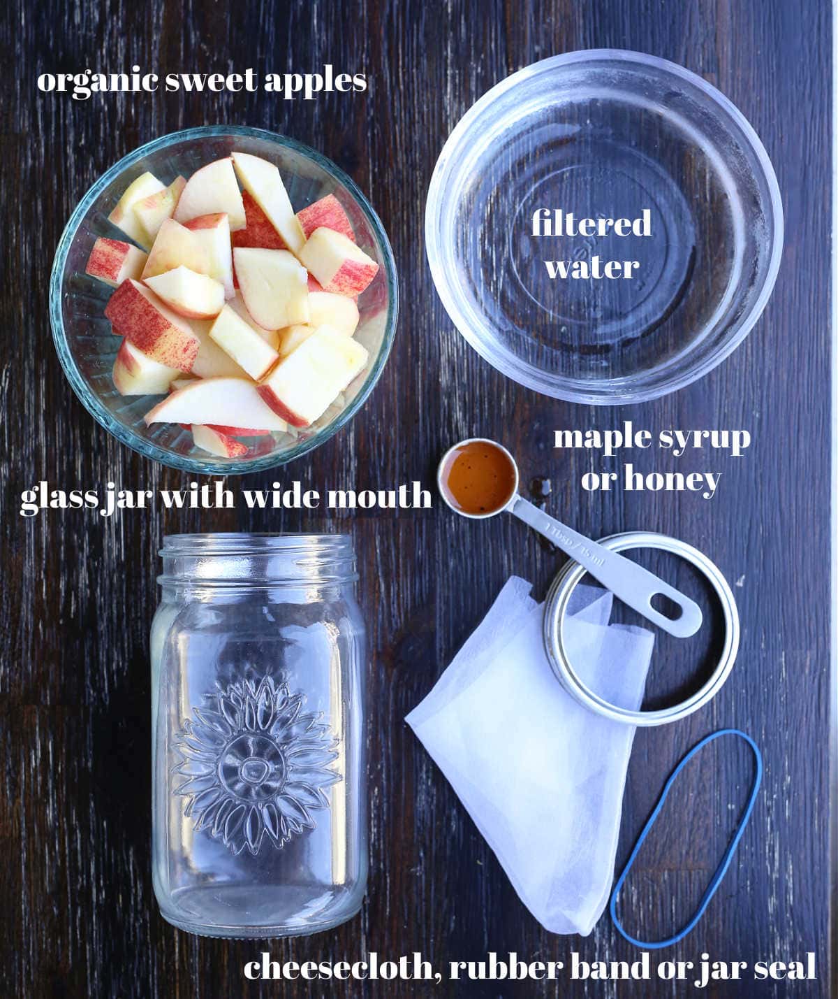 to make acv ingredients of apples water jar cheesecloth and maple syrup
