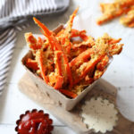 Recipe for Garlic Parmesan topping on Carrot Fries served with ketchup and dressing
