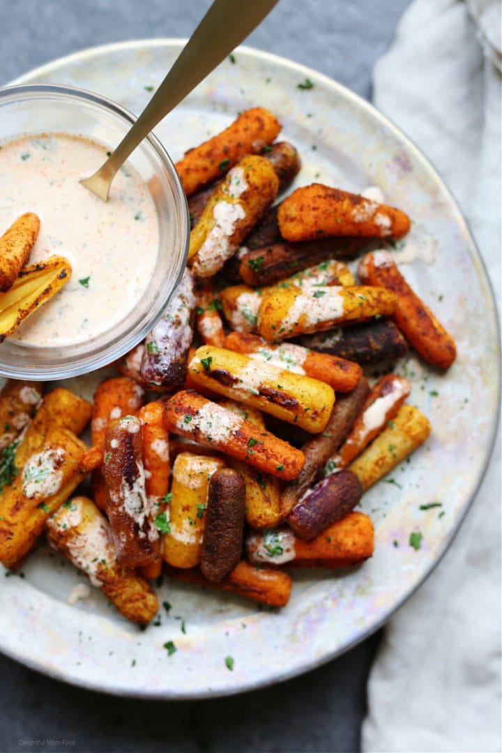 Roasted Rainbow Carrots With Zesty Drizzle Sauce - Delightful Mom Food